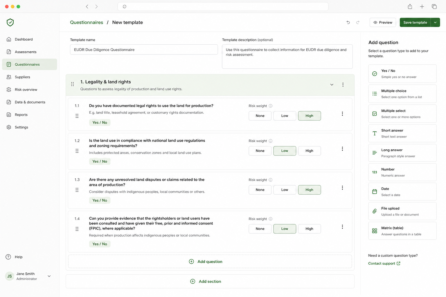 ERWAY questionnaire builder with legality sections and per-answer risk weights