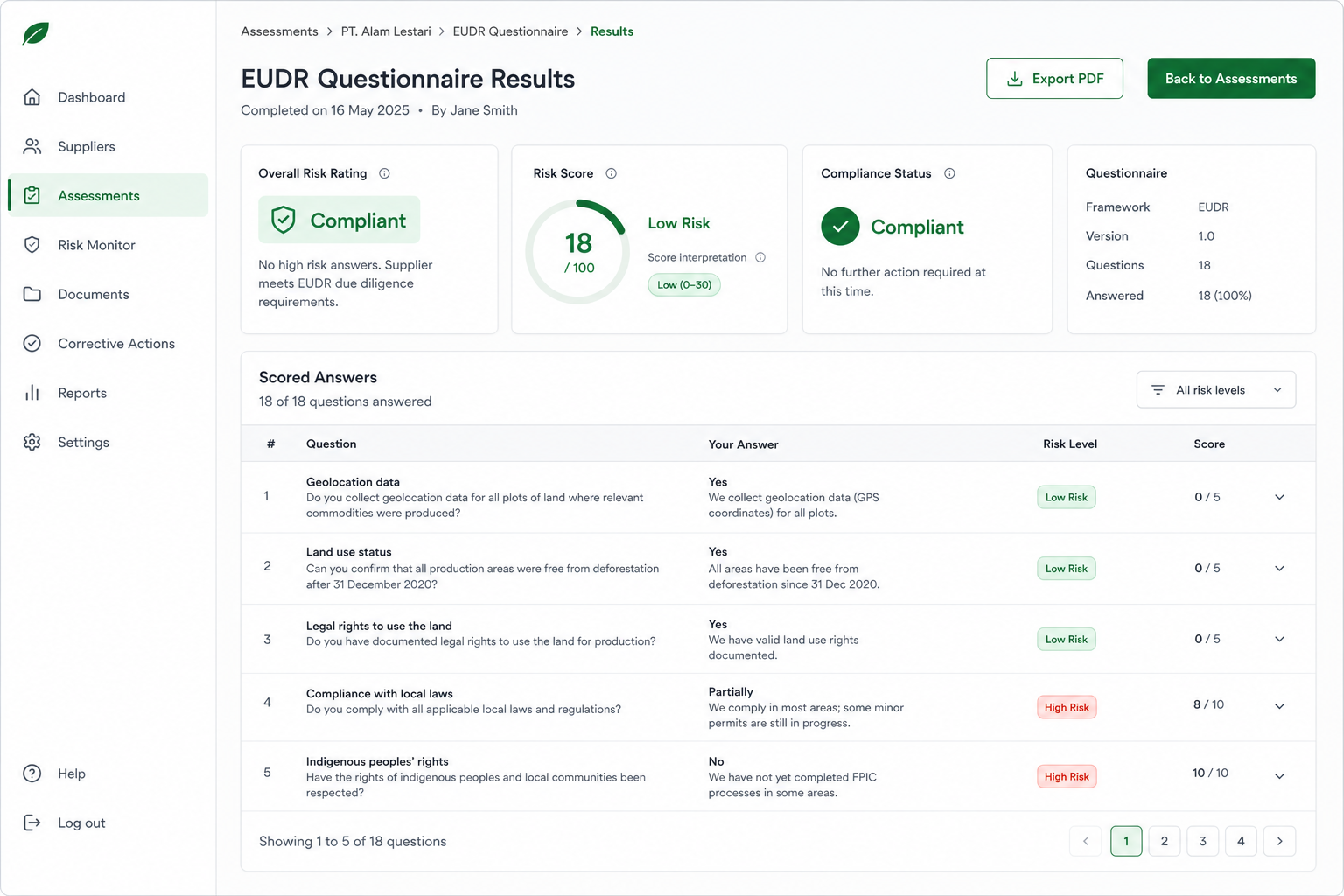 ERWAY questionnaire results with risk badges and Export PDF control