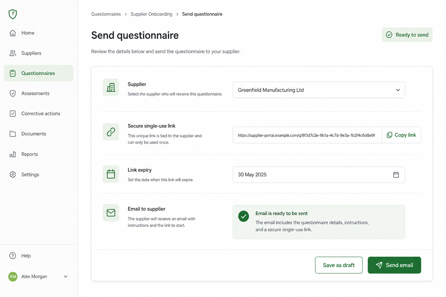 ERWAY send questionnaire screen with secure single-use link and expiry