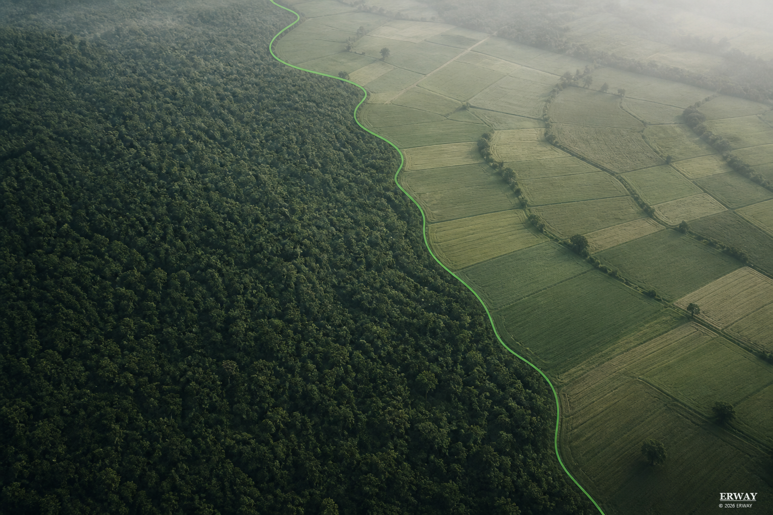 Aerial view of forest meeting farmland, the boundary between them traced in green.