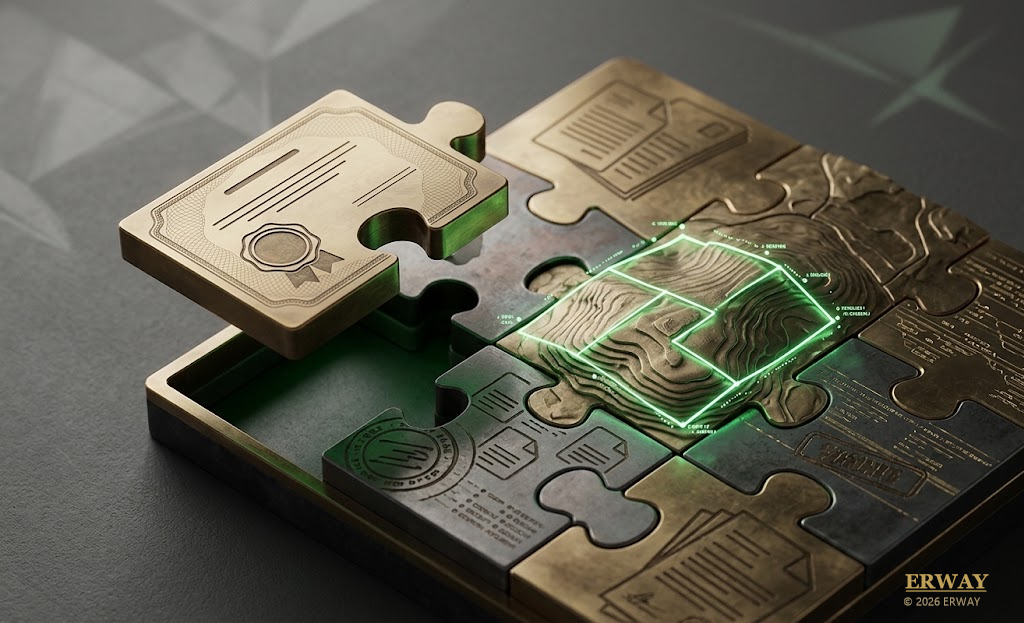 Metal puzzle pieces engraved with certificates and a plot map, the last document piece hovering over its slot.