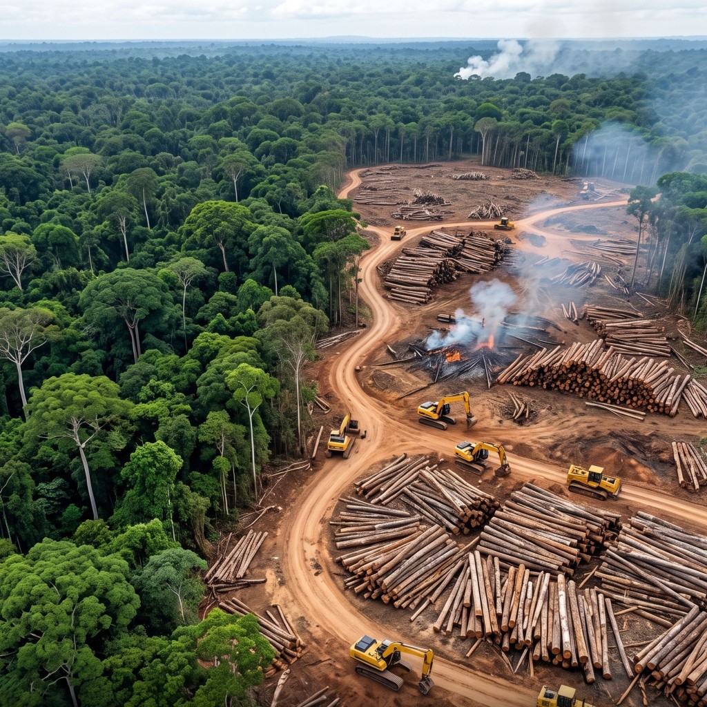 Aerial view of rainforest clearance beside intact canopy — the risk surface EUDR compliance has to prove against